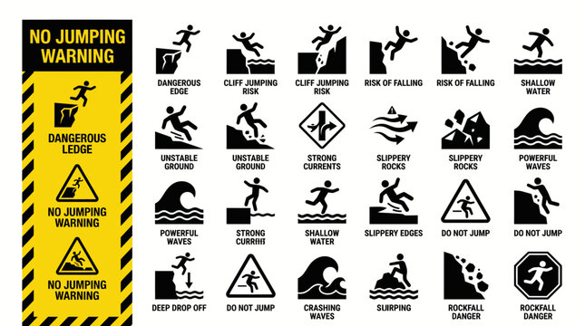 Collection of safety warning signs for dangerous situations and potential hazards in outdoor environments