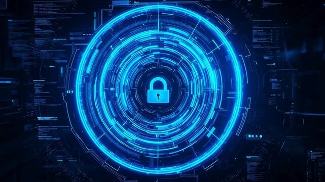 Digital lock icon surrounded by concentric blue circles in a futuristic interface with data code background