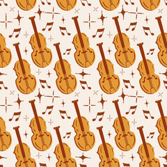 Naklejka premium Hand drawn violin and musical notes seamless pattern vector illustration. Vintage doodle cello string instrument retro seamless pattern background