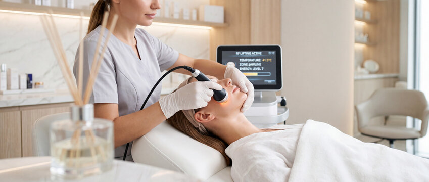 Professional facial RF treatment at modern medical spa with aesthetician performing skin tightening