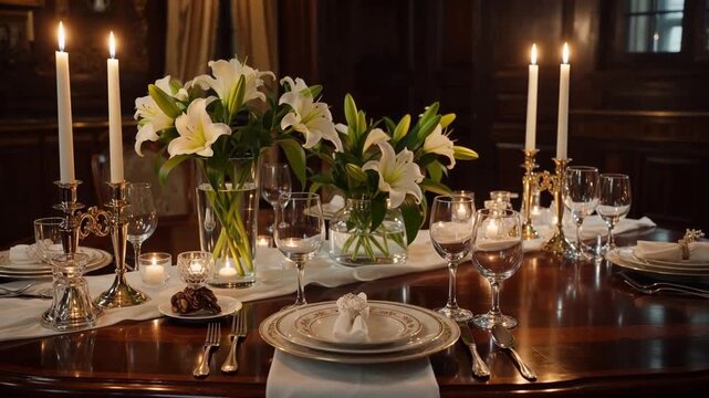 Elegantly set dining table with white lilies, candles, and fine dinnerware in a formal setting
