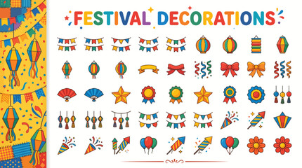 Obraz premium Vibrant collection of festive icons perfect for celebrating holidays and special occasions with colorful decorations