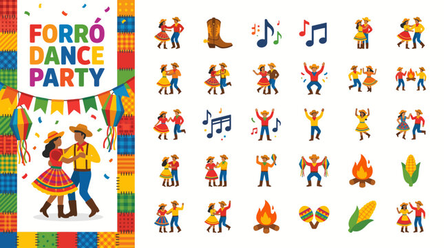 Festa Junina Brazilian Forr&oacute; Dance Party Icons with Traditional Elements and Festive Decorations