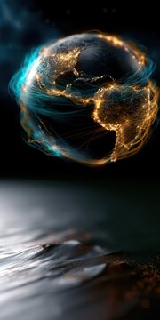 Futuristic planet Earth illuminated by interconnected data streams, symbolizing global communication, digital transformation, connectivity, technology, and worldwide information exchange.