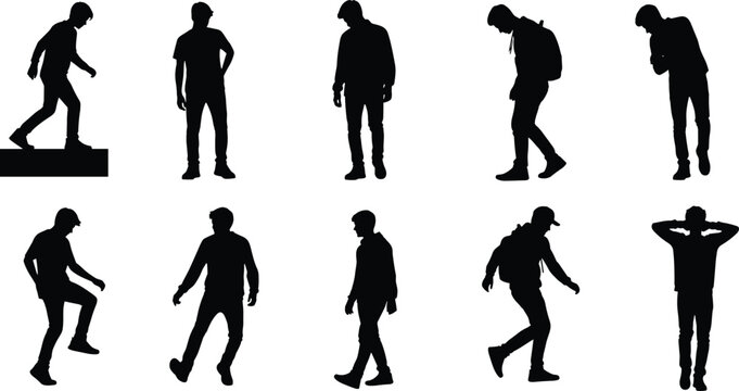 Black Silhouette Young Man Casual Urban Lifestyle Walking Standing Various Poses Vector Bundle Set