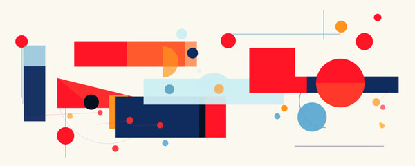 Fototapeta premium Abstract Geometric Colorful Background, Modern Bauhaus Shapes Pattern. Circles, Rectangles, Playful Design Poster, Wallpaper, Book Cover, Banner, Branding. Creative Art Composition. Vector Backdrop