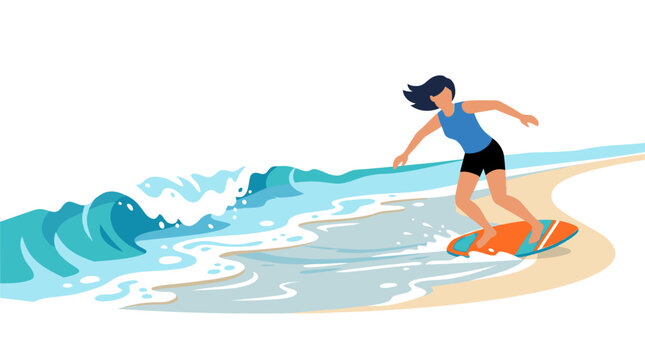 Woman skimboarding on a sunny beach with ocean waves crashing on the shore during a summer day