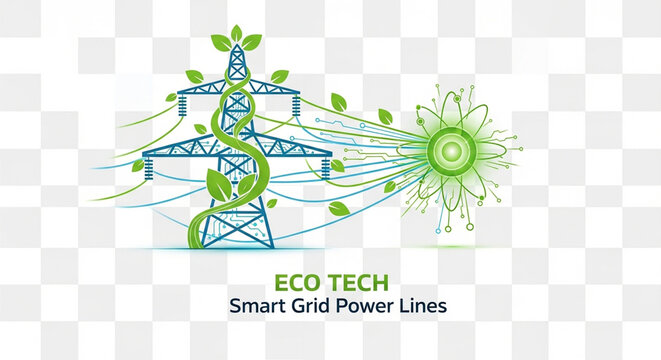 Eco Tech Illustration of Smart Grid Power Lines with Green Energy Symbols