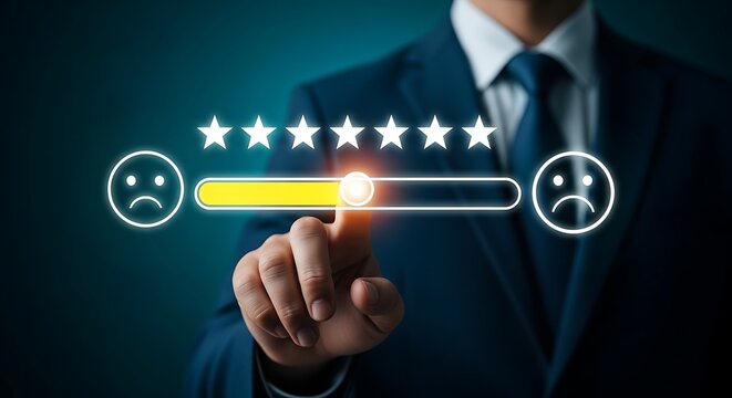 Customer satisfaction survey with hand adjusting star rating interface