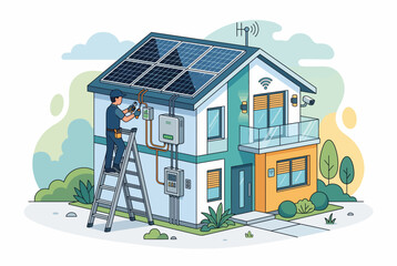 Solar Panel Installation on Modern Eco Friendly House Roof Vector © gudang