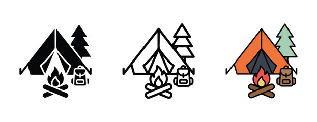 Camping icons with tent campfire tree and backpack for outdoor adventure travel and hiking activities  illustrations set © Alex