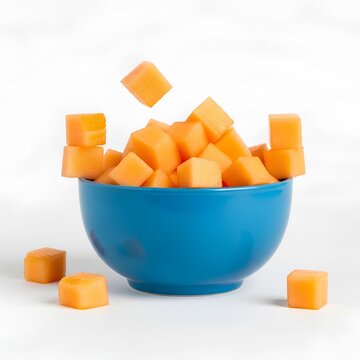Falling and Scattered Cantaloupe Melon Cubes with a Blue Bowl Isolated on White Background