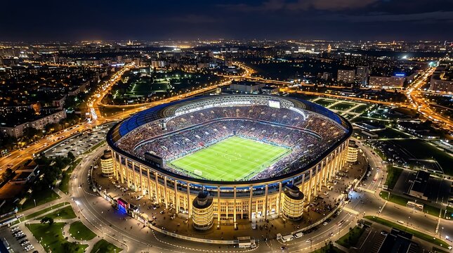 Aerial view of a packed football stadium at night with city lights, large crowd and green field.