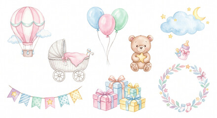 Obraz premium Watercolor baby shower clipart set with teddy bear and hot air balloon