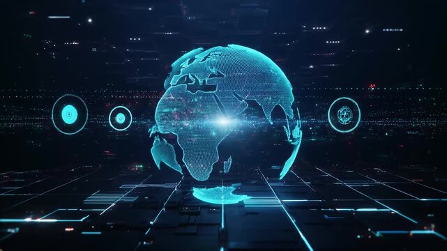 Futuristic holographic digital globe hovering over a grid-like data surface, neon blue and cyan tones, cybernetic interface elements and data points