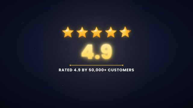 Five star rating reveal with golden stars glowing and score counting up on dark background