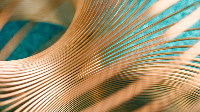 Close-up of parallel copper curves creating a high-resolution technological backdrop. Industrial and modern abstract texture representing business growth and development. Photo
