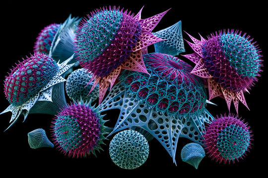 False Color Scanning Electron Microscope Image of Multiple Pollen Grains and Spores Cyan Magenta Scientific Microscopy