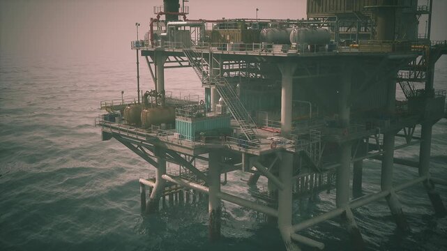 An oil rig stands prominently above the calm ocean waters. Various equipment and storage containers are visible on the structure, indicating ongoing extraction activities.
