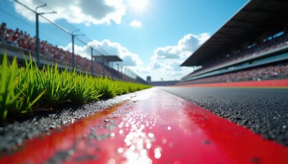 Naklejka premium Low angle view of racetrack edge with red line marker and wet asphalt surface. Green grass grows along trackside. Spectators fill stadium grandstands under bright sunny sky with clouds.