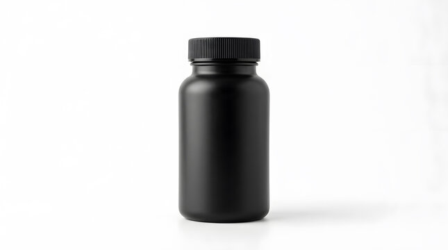 Black supplement bottle mockup on white background ideal for vitamin pill or pharmaceutical product display