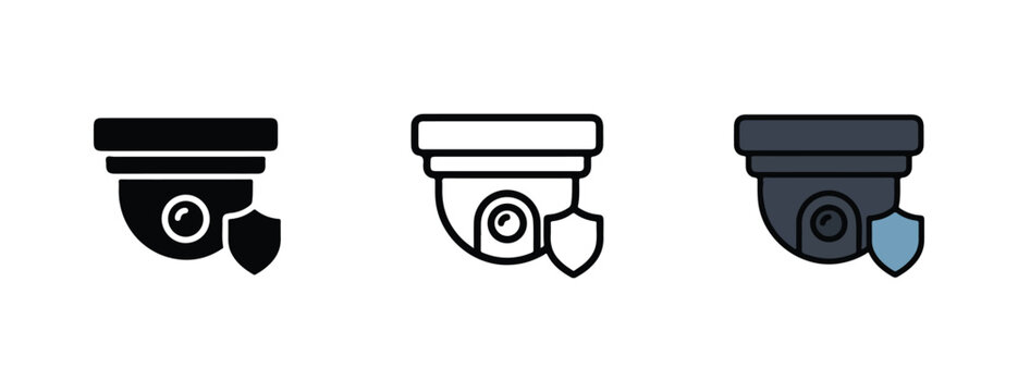 Security camera icons with shield symbol in various colors for safety and protection concepts  security monitoring and defense tools