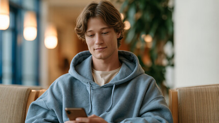 Fototapeta premium College student reads a news alert about student loan policy on a smartphone while sitting in a campus financial aid waiting room, an expression of cautious hope on his face, the
