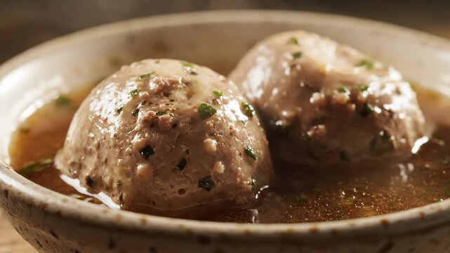 Close-up of two large traditional matzah balls (knaidlach) floating in a bowl of savory chicken broth soup, a staple of jewish cuisine and holiday meals