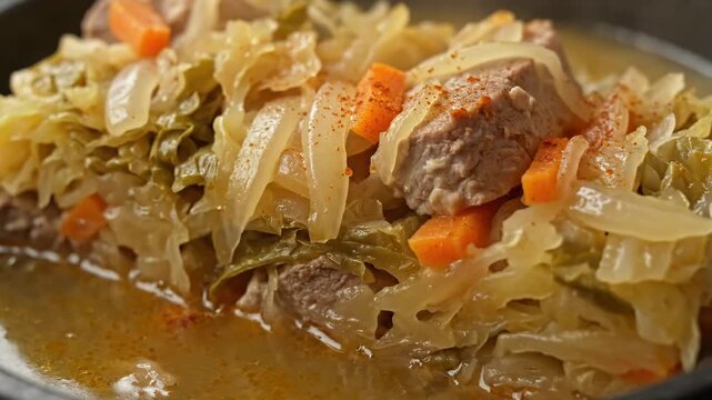 Appetizing macro shot of a rich, slow-cooked meat and cabbage stew served in a cast iron dish, featuring pork, onions, and carrots in a savory paprika broth.