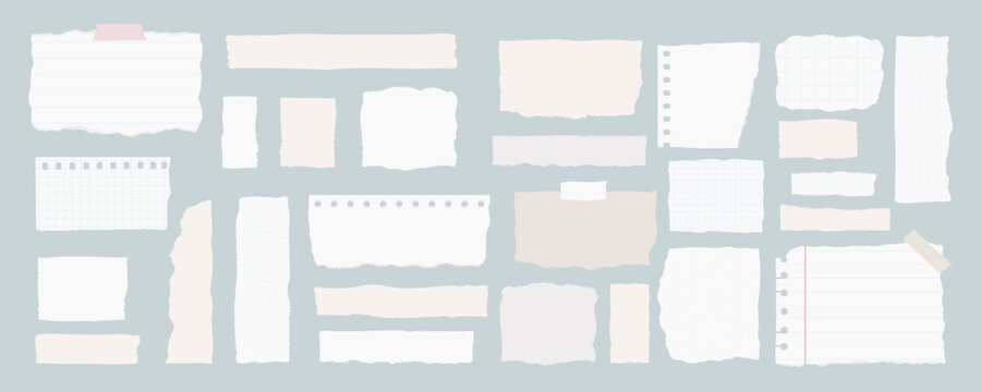 torn paper ripped strip cutout with soft grunge texture for collage and journal. Lined graph plain grid ruled sheet with vintage notebook edge and tape detail. White paper scrap on blue background.