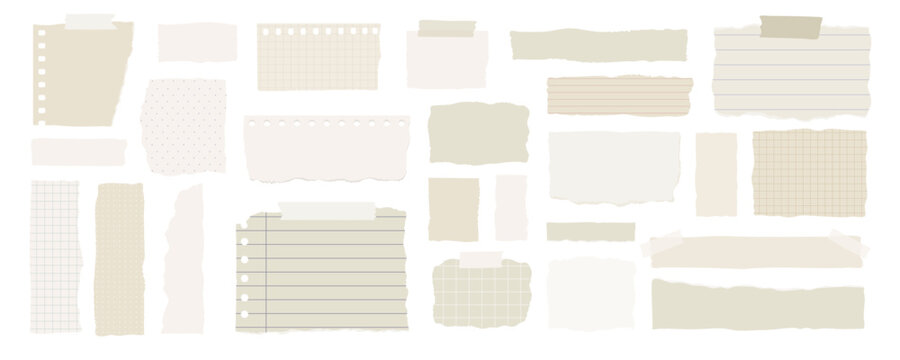 torn paper ripped strip cutout with soft neutral texture for collage and scrapbook. Lined graph plain grid ruled note paper with washi tape and masking detail