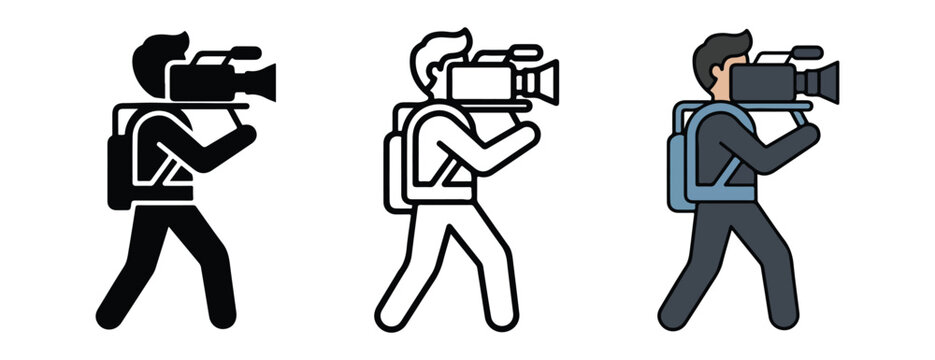 Three camera operators with different line styles and colors capturing footage with large video cameras on their shoulders while walking  various artistic representations of a cameraman