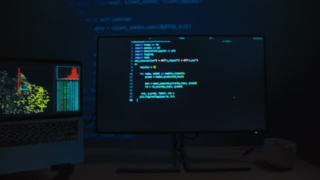 POV view, coder typing programming code on keyboard, actively working at desk with multiple displays, checking data science graph, in a dark workspace. Software engineer first person view at work.