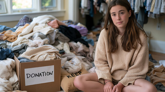 Teenager pulling everything out of a bedroom closet onto the floor with determined focus while a labeled donation box and a keep pile grow beside her during a thorough spring