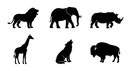 African Wildlife Silhouettes Set: Lion, Elephant, Rhino, Giraffe, Wolf, Bison Icons for Nature and Safari Designs © Sirat