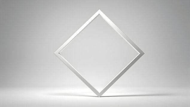 Diamond Frame on Grey Background: A minimalist and modern diamond-shaped frame rendered in a metallic silver material, casting a subtle shadow on a clean grey surface.