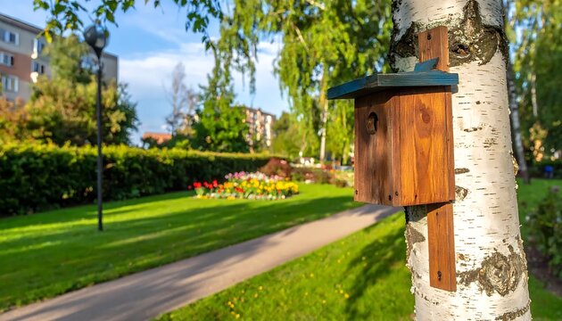 Vintage wooden post box in park setting.