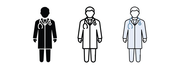 Three doctors in different line styles wearing stethoscopes around their necks standing upright in medical attire  simple illustrations © Alex