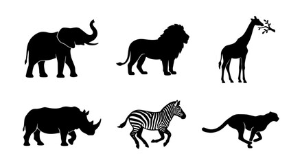 African Safari Wildlife Silhouettes: Elephant, Lion, Giraffe, Rhino, Zebra, Cheetah Vector Icons © Shariful