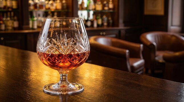 Brandy glass filled with amber cognac sitting on a polished wooden bar counter inside a luxury dark classic lounge interior