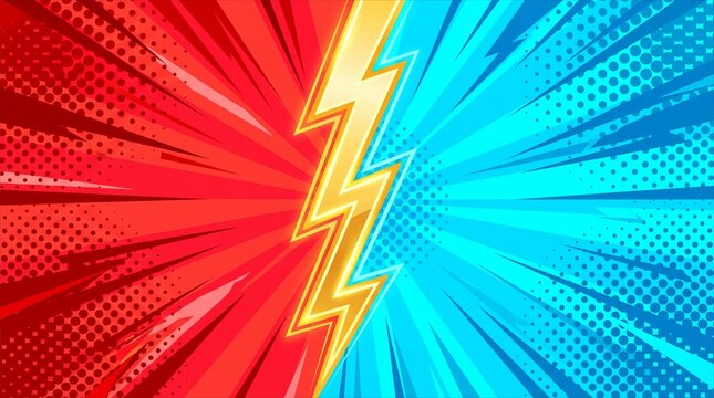 Dynamic red and blue comic pop art vs. background with lightning bolt - ideal for game interfaces, battle concepts, marketing comparisons, and event promotions