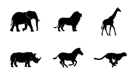 African Safari Animal Silhouettes, Vector Icons Set: Elephant, Lion, Giraffe, Rhino, Zebra, Cheetah © Mahira