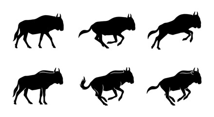 Wildebeest Silhouette Collection: Six Dynamic Poses, African Wildlife Vector Graphics for Safari and Nature Designs © Mahira