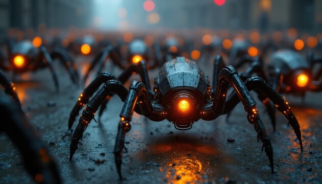 Robotic spider drones with glowing orange eyes swarm urban street at night. Advanced AI machines march in unison creating sense of dread. Future invasion from mechanical arachnids.