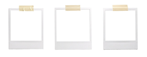 Three empty polaroid frames with tape on checkerboard background. © RM Graphics