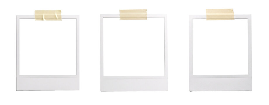 Three empty polaroid frames with tape on checkerboard background.