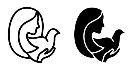 Fototapeta premium Peace Dove Symbol, Woman Holding Bird Icon, Hope and Freedom Vector Graphics