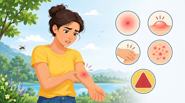 Woman examining insect bite symptoms and allergic reaction
