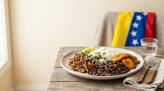 Venezuelan Pabellon Criollo meal with fried plantains and flag