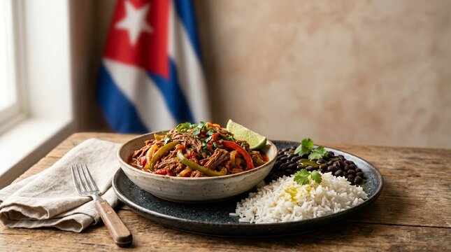 Cuban Ropa Vieja served with rice and black beans